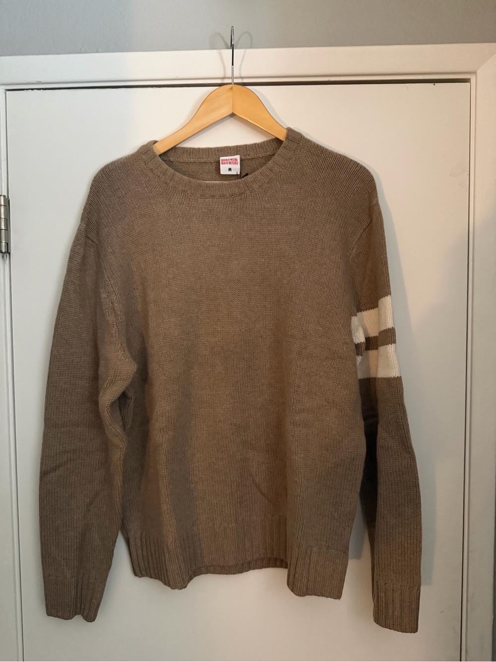 Birdwell Tan Crewneck Sweater with White & Brown Sleeve Stripes